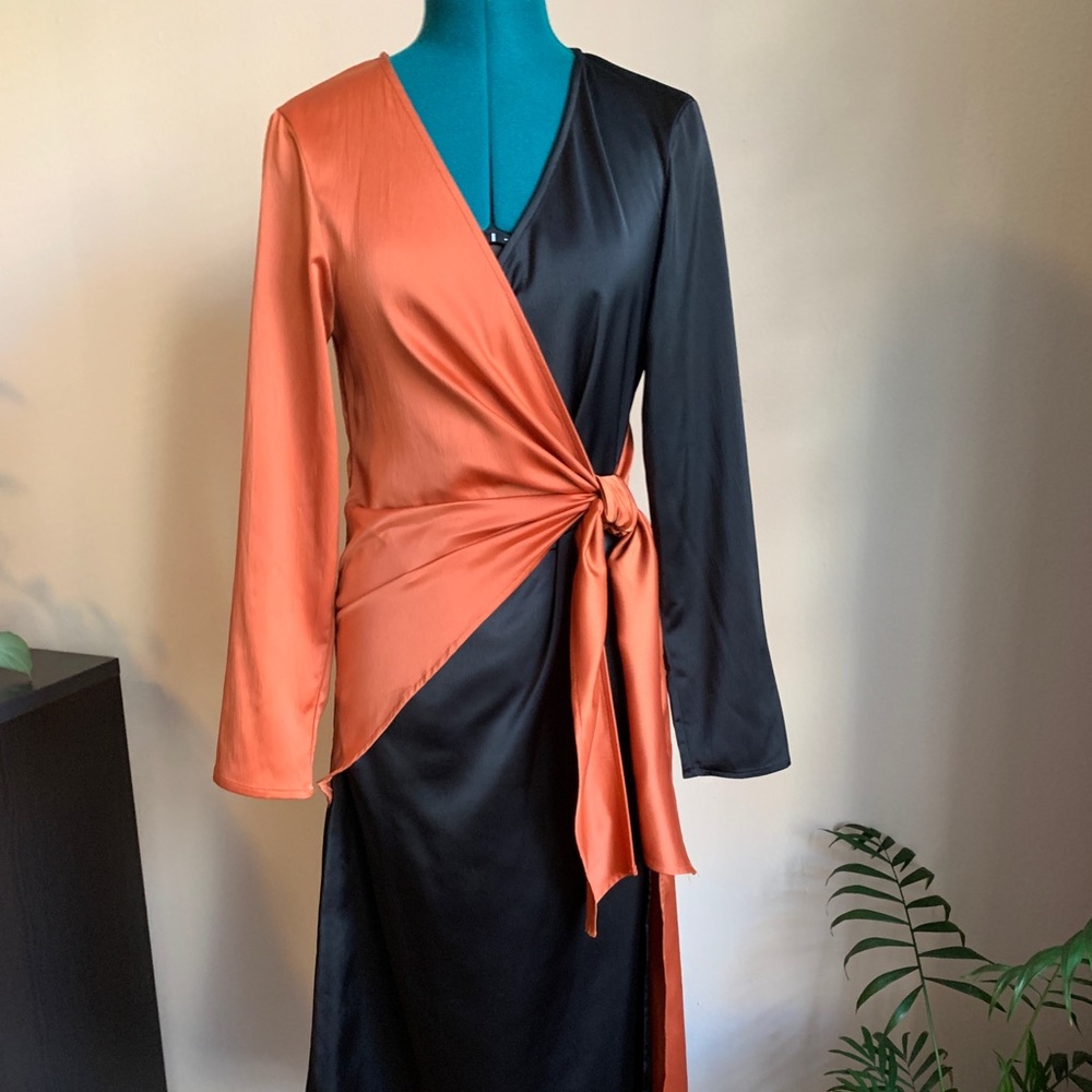 Colorblock Midi Cocktail Wrap Dress sz8 Wedding Guest Party Prom